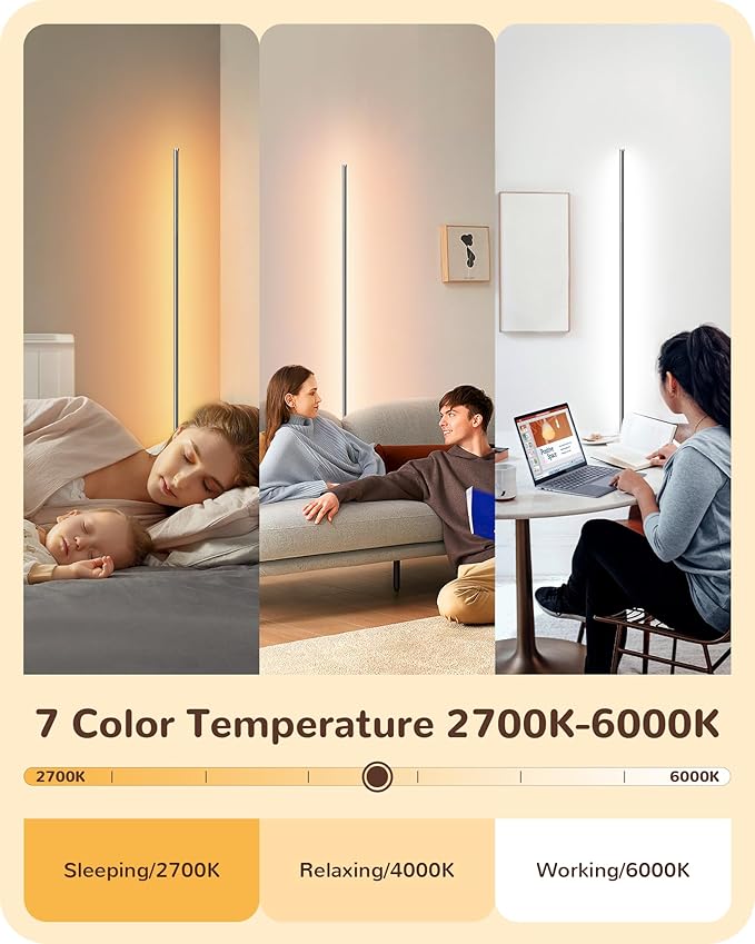 EDISHINE LED Corner Lamp, Set of 2 Minimalist Dimmable Light with Remote, 57.5" Tall Slim Sleek Floor Lamps for Living Room, Bedroom, Office, 7 Color Temperature 2700-6000K, (Silver)