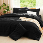 CozyLux Queen Comforter Set Black, 7 Pieces Soft Pinch Pleat Bed in a Bag Queen Comforter Set with Sheets, Boho Bed Set with Down Alternative Comforter, Sheets, Pillowcases & Shams