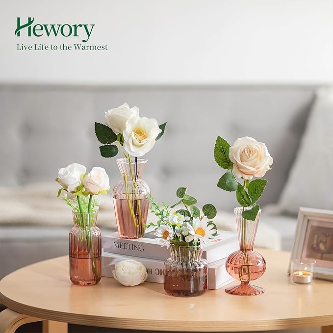 Hewory Small Ribbed Glass Bud Vases Set of 8 Amber Flower Vase Centerpieces - Modern Minimalist Cute Mini Decorative Bulk Vases for Wedding Bridal Shower Birthday Party Events Dining Room Table Decor