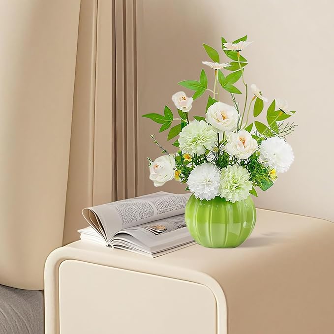 Artificial Flowers, Fake Flowers in Vase, Silk Flowers with Ceramic Vase, Faux Flowers Arrangement for Homes, Restaurants Decoration Dining Table Centerpiece Decor (Green)