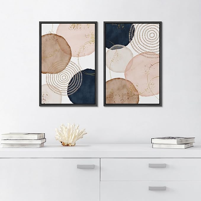 SIGNFORD Framed Wall Art Print Set Pastel Watercolor Vibrant Circle Collage Abstract Shapes Illustrations Modern Minimalist Relax/Calm Multicolor for Living Room, Bedroom, Office - 24"x36"x2 Black