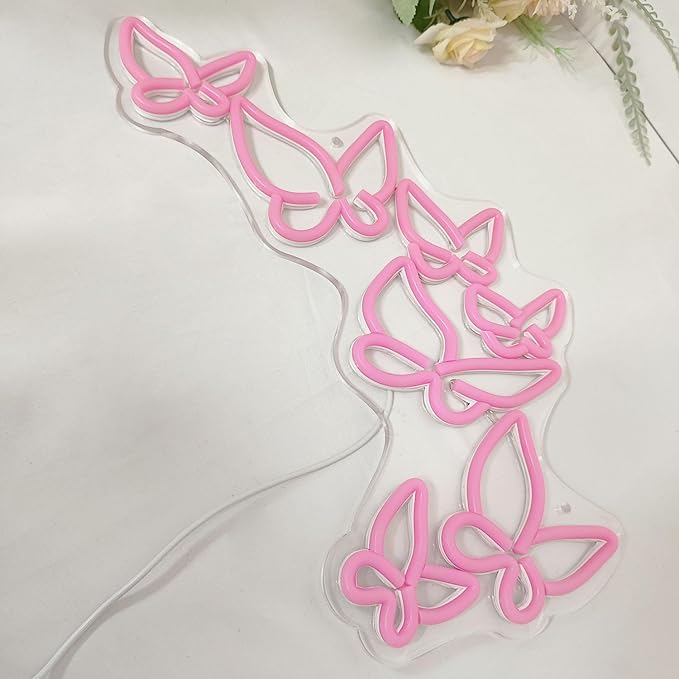 SYLHOME Pink Butterfly Led Neon Light Sign Girls Bedroom Kids Room Beauty Studio Living Room Wedding Birthday Christmas Party Light Up Sign 16.5" X 8.9" USB