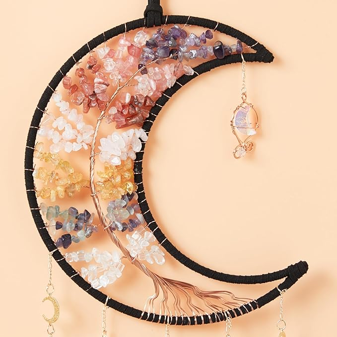 Rainbow Agate Gemstone Big Dream Catcher 7 Chakra Tree of Life Dream Catcher with Crystal Stones Handmade Dreamcatcher Wall Decor for Adults Boys Girls,Bedroom,Garden,Bless Gift(Large Colorful Moon)