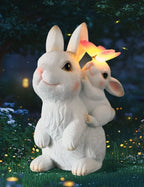 Solar Garden Statues Rabbit with Solar Lights,Mother&Baby Bunny Figurine with Butterfly Changing Lights for Yard Art Garden&Patio Decor,Unique Easter&Birthday Gifts for Women Mom Grandma