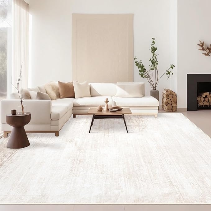 Area Rugs 9x12 Living Room: Washable Rug Modern Abstract Large Rugs Soft Non Slip Neutral Rug Stain Resistant Indoor Carpet for Bedroom Kitchen Dining Room Table Nursery Home Office Rugs(Beige,9'x12')