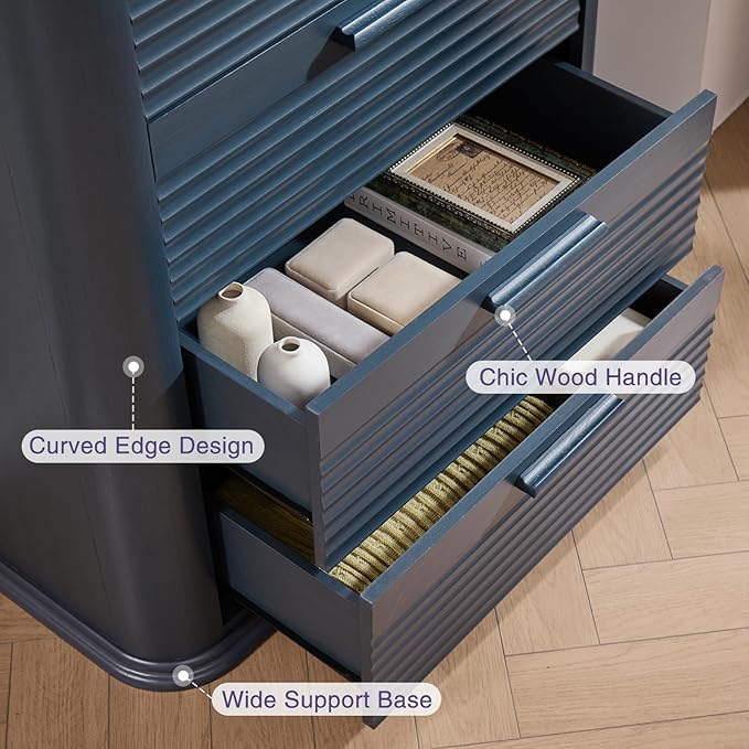 Okvnbjk 5 Drawers Dresser for Bedroom, 45" Tall Dresser with Curved Profile Design, Wood Fluted Chest of Drawer, Modern Drawer Storage Organizer for Bedroom, Living Room, Entryway