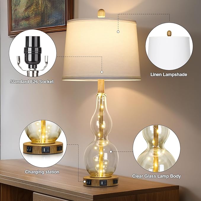 27.5" Clear Glass Table Lamp Set of 2 with Night Light,Bedside Lamps with USB Ports and AC Outlet, Modern Nightstand Lamps Retro Farmhouse lamp for Bedroom Living Room