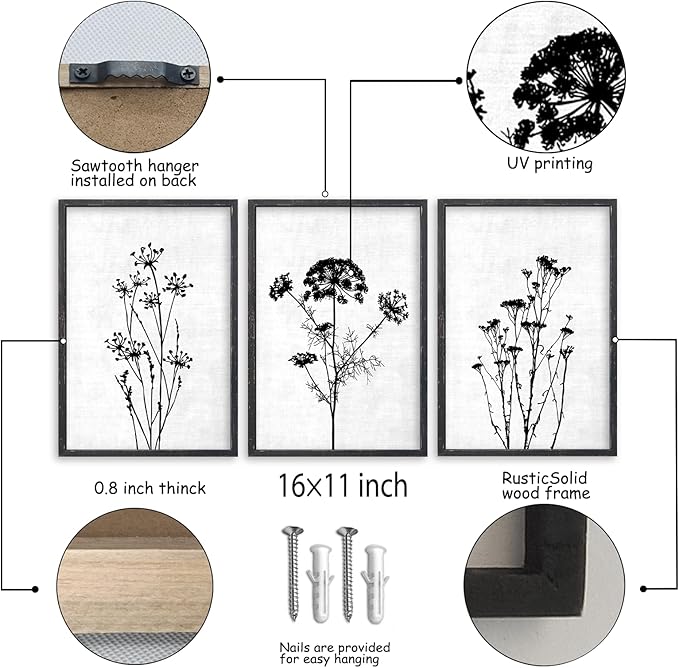 Flower Plant Wall Art Decor 16"x11" Set of 3 Black And White Botanical Painting Wood Framed For Minimalist Bedroom Office Rustic Living Room Abstract Wildflower Sign Hanging (Black)