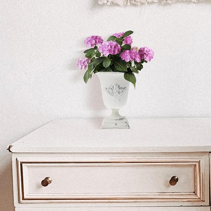 POPETPOP Tall Urn Vase Retro White Metal Urn Planter Pedestal Flower Pot Rustic Farmhouse Flower Holder for French Country Style Home Table Centerpiece Decor，5.9x5.9x7.47 inches