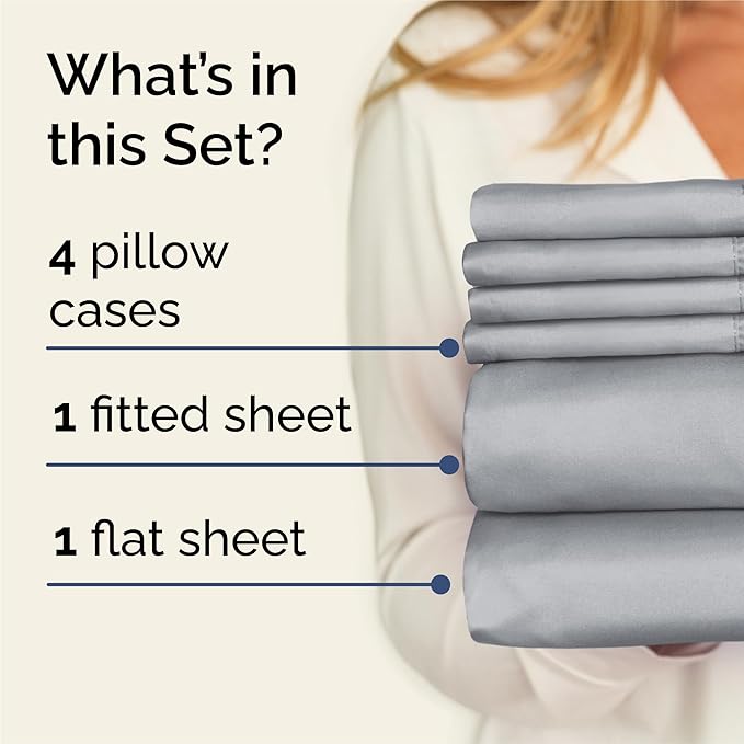 King Sheets Set 6 Piece - Includes 4 Pillowcases - Bed Sheets King Size - Soft Hotel Luxury Bedding - Cooling, Comfy, Cozy & Breathable - 1 Flat & 1 Fitted & 4 Pillowcases w/ Deep Pockets - Steel Blue
