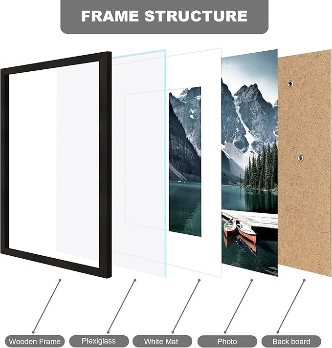 11x17 Picture Frame Set of 3 - Display 8x12 Photo with Mat or 11 x 17 Poster without Mat, Wall Mounting Horizontal and Vertical, Black