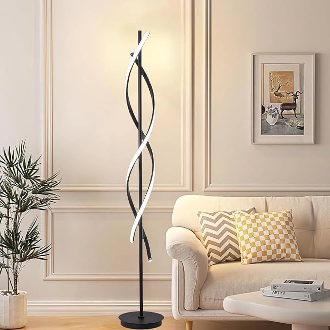 NKU Spiral Floor Lamp for Living Room Modern LED Floor Light with Remote Dimmable Control Sleek Spiral Design Corner Lamp for Bedroom, and Office Lighting Tall Standing Floor Lamp Black 63 inch