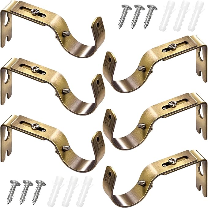 Frienda 6 Pcs Curtain Rod Brackets Adjustable Holder Wall for 1 Inch Diameter Curtain Rod General Bracket Hooks with Screws (Green Bronze)