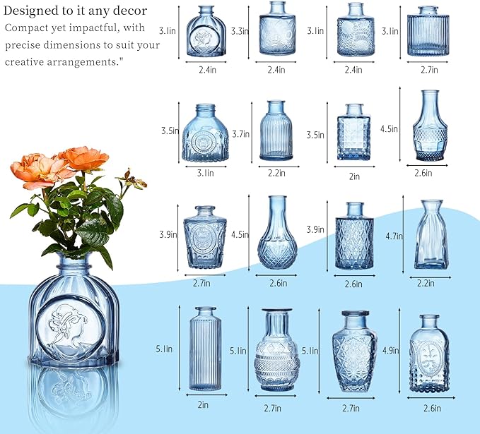 Glass Bud Vases Set of 32 - Blue Assorted Small Mini Glass Vases for Flowers, Crystal Vintage Vase Set, Bulk Centerpieces for Table Décor, Wedding, Home and Events (Blue, 32 Pcs)