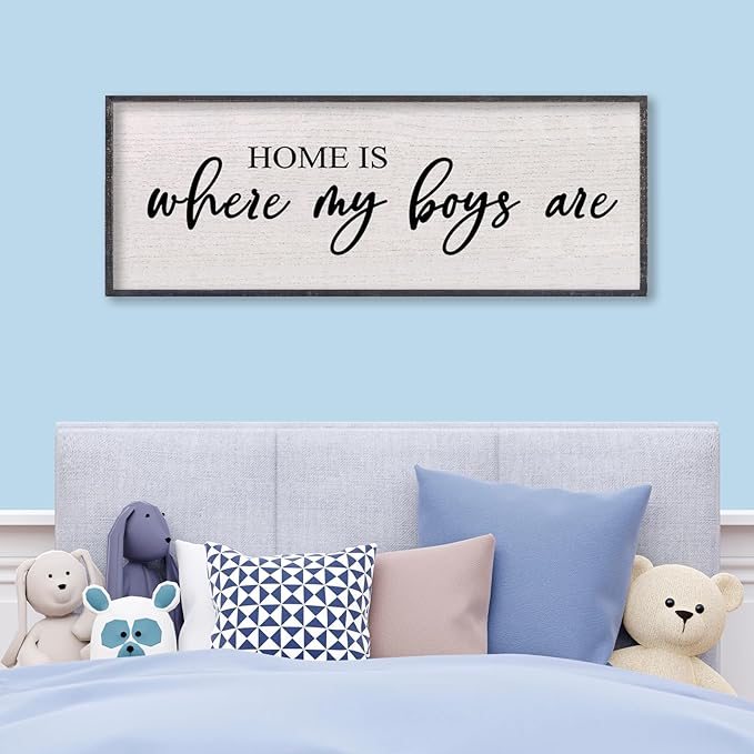 Home Is Where My Boys Are Wall Decor 40"×15" mom and her boys Sign for boys room Playroom Large Wood Framed Wall Hanging Art (Black)