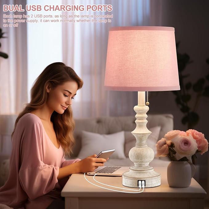 22'' Bedside Table Lamps Set of 2 Modern Farmhouse Nightstand Lamps for Bedroom with USB Charging Ports Vintage Boho Table Lamps for Girls Kids Living Room,Pink Shade,Bulbs Not Included