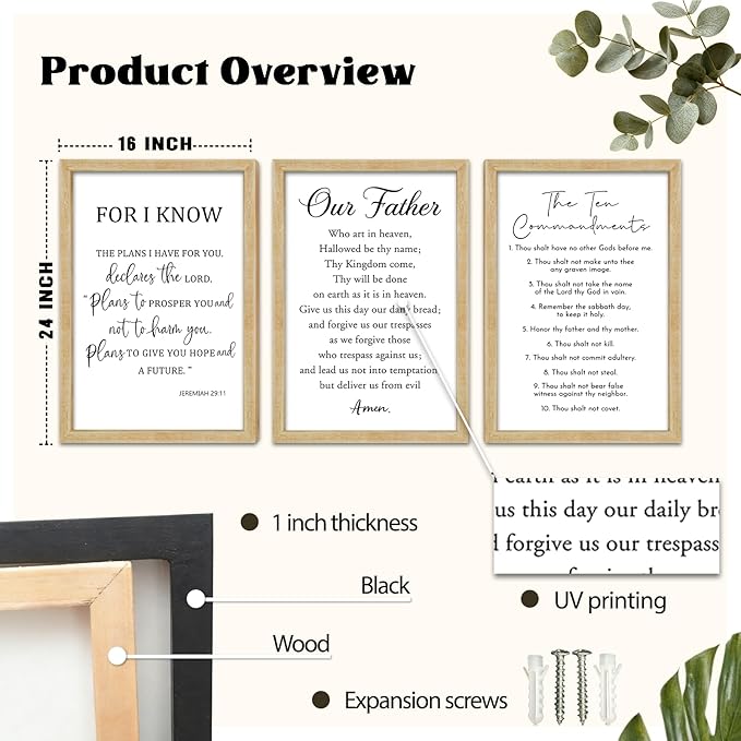 FZMHASLWW Bible Verse Scripture Wall Decor Art 24"×16" Inspirational Quotes Set of 3 Christian Sign Wood Framed Wall Hanging (Wood)