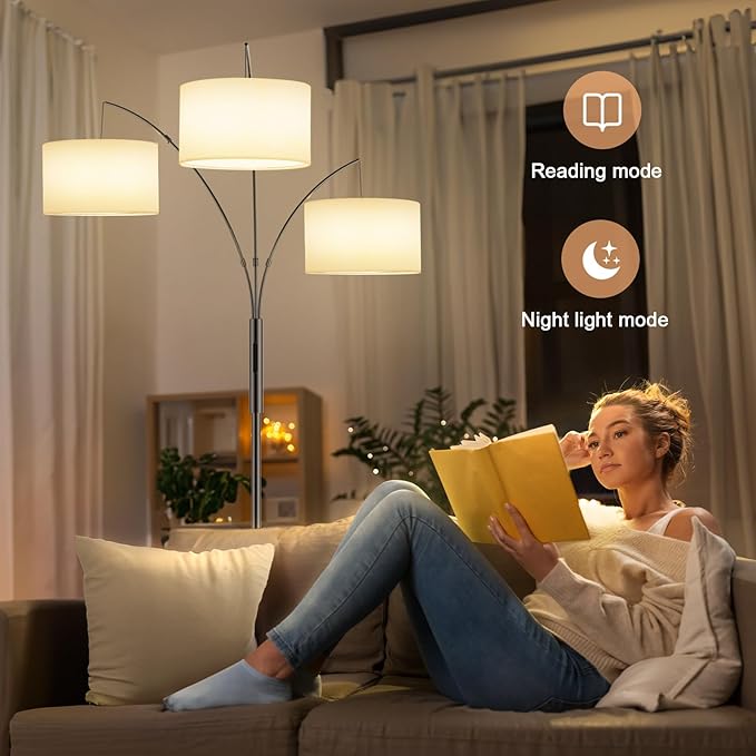 36W LED Arc Floor Lamp with 3 White Fabric Shades, 3000LM Super Bright Standing Lamp with Remote Control & Touch, Stepless Dimming, Individual Light Control for Living Room, Bedroom