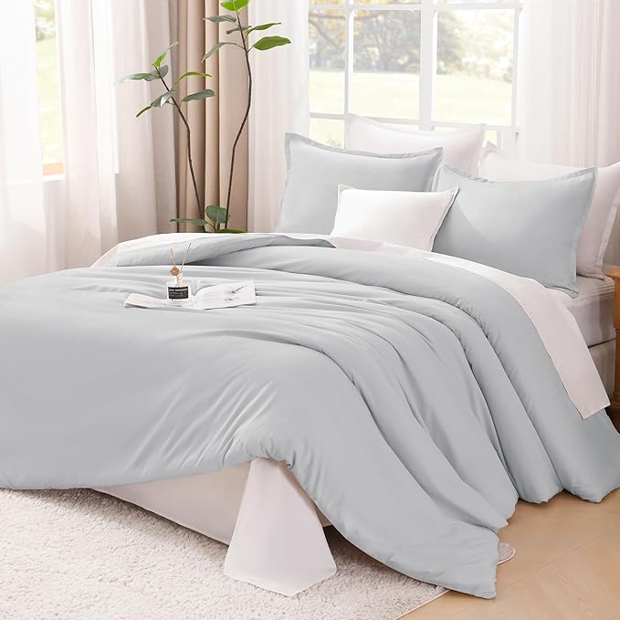 Litanika Light Grey Comforter Queen Size, 3 Pieces Lightweight Solid Bedding Comforter Set, All Season Fluffy Bed Set (90x90In Comforter & 2 Pillowcases)