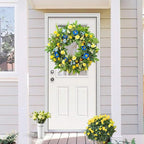 WANNA-CUL 24 Inch Spring Summer Carnation Wreaths for Front Door, Spring Front Door Wreath with Blue &Yellow Flowers Door Wreath with Pomegranates,Daisy for Wedding