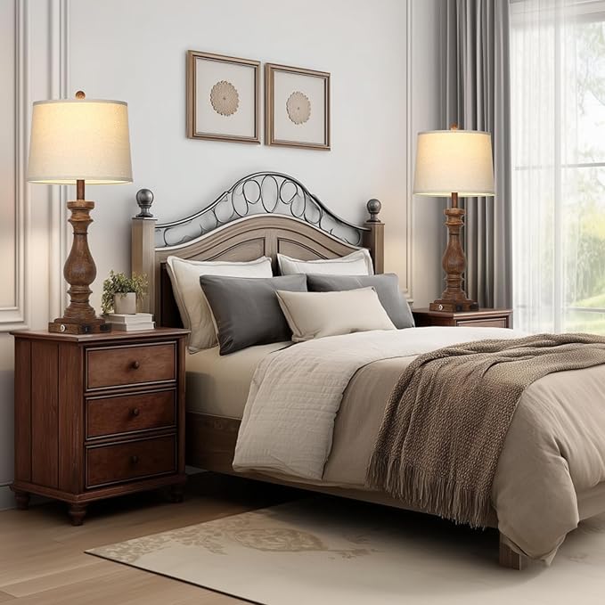 29" Tall Farmhouse Table Lamp for Living Room Set of 2,Vintage Retro Nightstand Lamps with USB C+A Ports & AC Outlet,3-Way Dimmable Touch Bedside Lamp for Bedroom Side Table,Brown