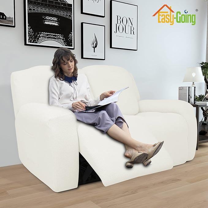 Easy-Going 6 Pieces Recliner Loveseat Stretch Sofa Slipcover Sofa Cover Furniture Protector Couch Soft with Elastic Bottom Kids, Spandex Jacquard Fabric Small Checks Cream
