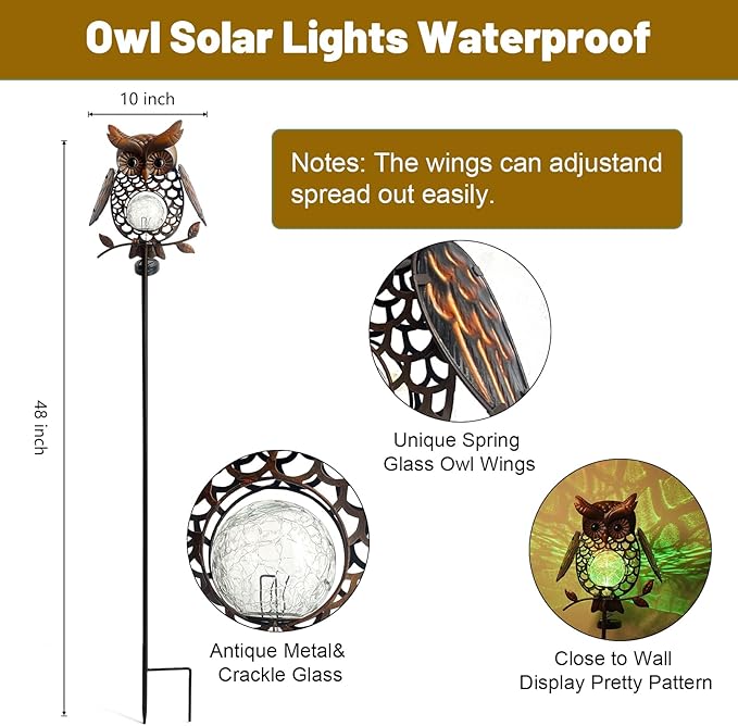 HONGLAND Solar Lights Outdoor Decor Waterproof, Solar Owl Garden Decorative Stake, Whimsical Gardening Gifts for Women Mom, Owl Outdoor Lights for Yard Patio Lawn Decor