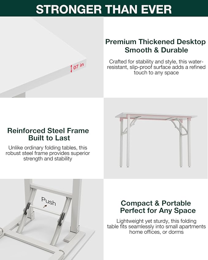 Frylr Small Folding Computer Desk – 55.1 Inch Portable Table for Craft and Study, Lightweight Desk for Small Spaces, Foldable Laptop Table Built-in AC/USB Outlets for Convenience, White