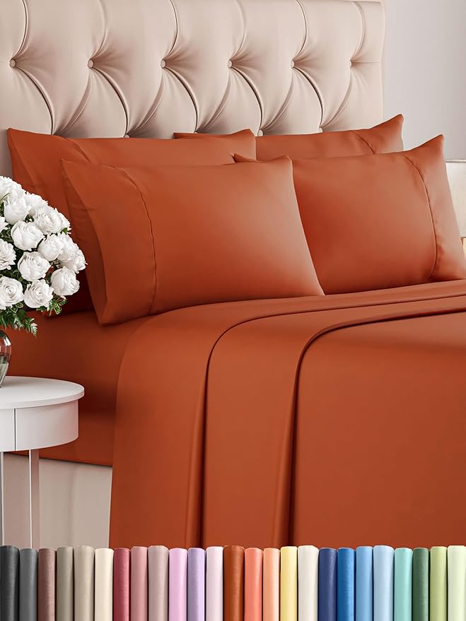 Full Sheets Set 6 Piece - Includes 4 Pillowcases - Bed Sheets Full Size - Soft Hotel Luxury Bedding - Cooling, Comfy, Cozy & Breathable - 1 Flat & 1 Fitted & 4 Pillowcases w/ Deep Pockets - Terracotta