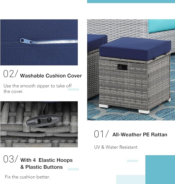 Patiorama 2 Piece Outdoor Patio Ottomans,All-Weather Grey PE Rattan Wicker Ottoman with Storage,Outdoor Footrest Footstool Seat w/Thick Cushion,Built-in Handle for Backyard Poolside Porch (Navy Blue)