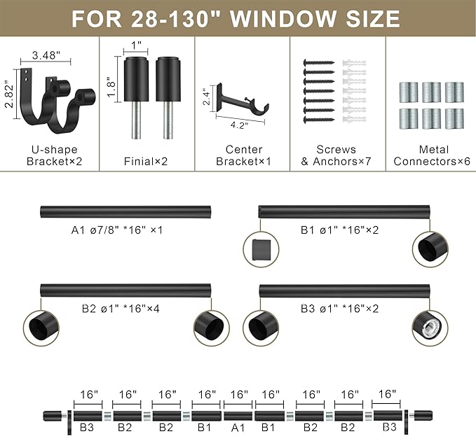 Curtain Rods for 28-130” Windows, Splicing Construction, 1” Adjustable Drapery Rod with Aluminum Alloy Brackets and Finials for Window, Sliding Door, Patio, Living Room Decoration, Matte Black