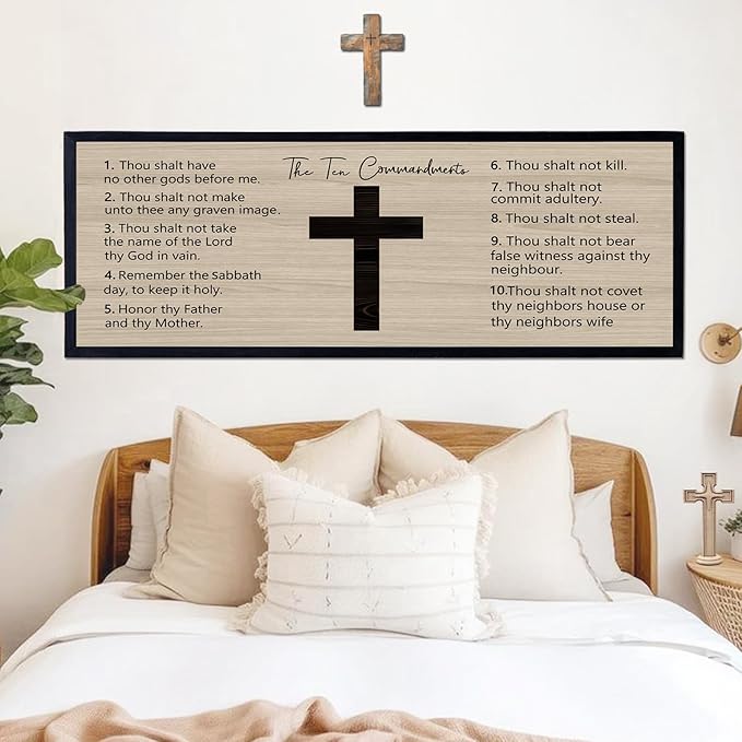 Ten Commandments Rustic Bible Verse Framed Wall Art 40" x 15" Black Religious Christian Slogan Representing God Jesus Christ Prayer Vintage Holy Inspirational Catholic Scripture Decor