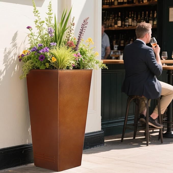 Worth Garden 28" H. Large Metal Planter Set of 2, Classic Matte Bronze Retro Finish Tall Square Tapered Steel Flower Plant Pots for Indoor & Outdoor Use - Insert Plate with Drain Holes, Air Vents