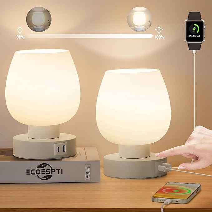 Touch Bedside Lamp, Mini Stepless Dimmable Table Lamps for Bedroom for Night Stands, Small Desk Lamp with Brightness Memory, USB Charging Ports, Warm LED Bulb, White, Round Shape, 2 Set