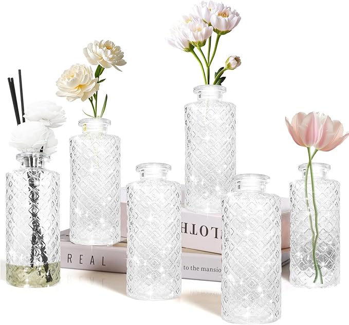 Glass Flower Vase, Aromatherapy Bottle, Small Vase, 6 Sets, Simple, White Transparent, for Birthday, Anniversary, Wedding, Home Decoration