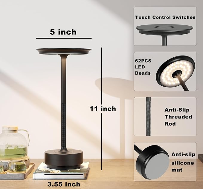 2 Pack Cordless Table Lamp, LED Rechargeable Table Light with 3 Temp Settings, Stepless Dimming, 5000mAh Battery, USB-C, Memory, Aluminum Alloy, for Home, Patio, Restaurant, Outdoor. Black