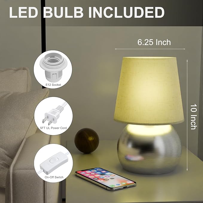 Set of 2 Small Silver Spherical Base Bedside Table Lamp with Textured Linen Shade (Bulb Included)