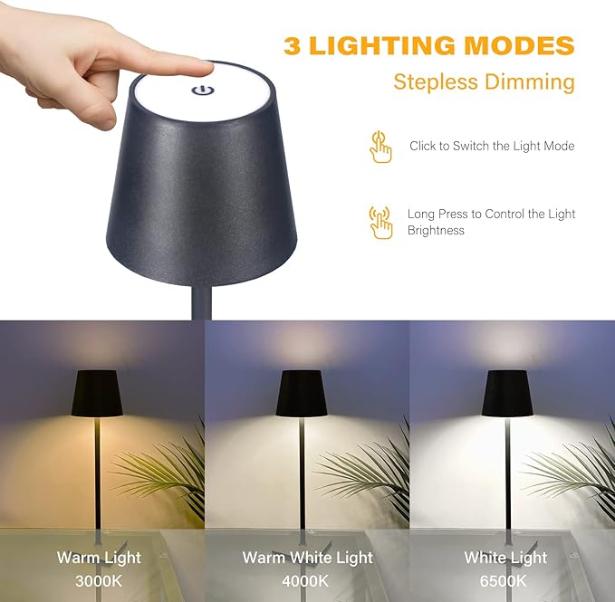 2 Pack Cordless Table Lamps, 3 Colors Stepless Dimming, 5000mAh Rechargeable Battery LED Desk Lamp for Bedroom/Couple Dinner/Desk/Cafe/Dining Room/Terrace
