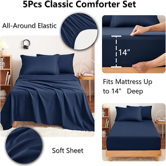 CozyLux Twin Comforter Set with Sheets Navy Blue - 5 Pieces Bed in a Bag Twin, All Season Bed Set for Girls and Boys, Bedding Set with Down Alternative Comforter, Sheets, Pillowcase & Sham