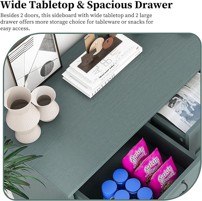 Kitchen Storage Cabinet with Drawers - Accent Cabinet with Carved Door, Floor Sideboard Buffet with Storage, Small Wood Credenza for Living Room, Dining Room, Entryway, Green