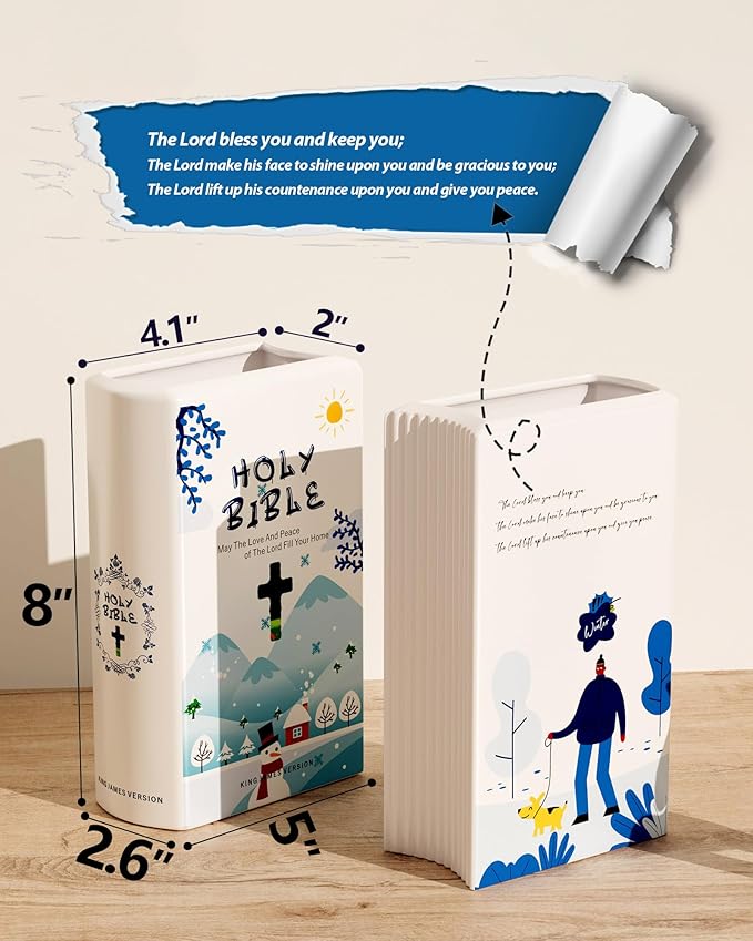 Bible Blessings Winter Flower Vase - Modern Ceramic Book-Shaped Vase for Flowers - Christian Desk Decor for Prayer Room, Dining Table, Coffee Table, Entryway, Religious Gifts (Sky Blue Winter, XL)