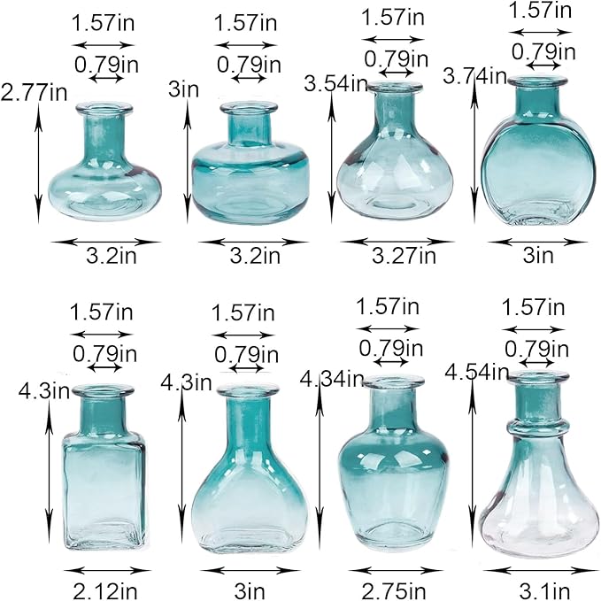 Bud Vases in Bulk Small Glass Green Vase Set of 8 Different Shape Smooth Surface Vintage Mini Tiny Vases Modern Cute for Flowers Table Wedding Decor Centerpieces Home Party Dining Room