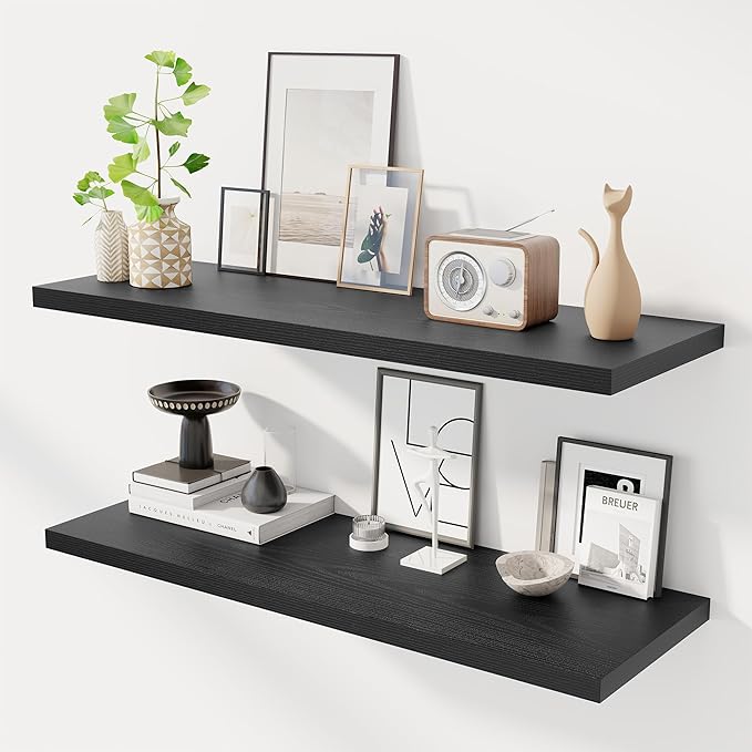Dreamland 40" Floating Shelves for Wall, 12" Deep Slim Black Floating Shelves, Wall-Mounted Shelves for Bedroom, Living Room, Kitchen, Bathroom - Set of 2