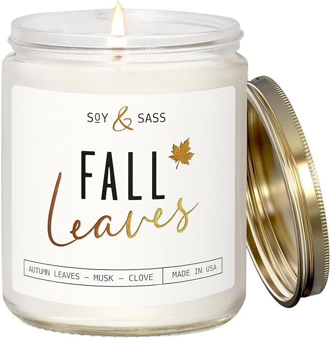 Fall Candles - 'Fall Leaves' Fall Candle w/Autumn Leaves, Clove & Musk I Infused with Essential Oils I Autumn Scented Candles I Cozy Cute Autmn Décor Gifts I 9oz Jar I 50Hr Burn I Made in USA