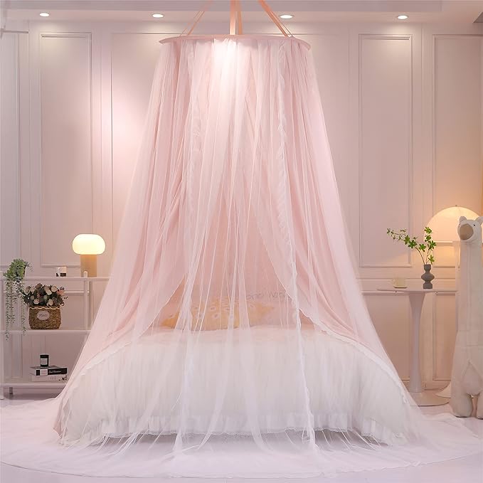 VETHIN Double Layer Princess Round Dome Canopy Bed Curtain for Girls Adults,Children Dreamy Mosquito Net,Cute Bedroom Decoration Castle Play Tent Reading Nook Canopies(Dome-Pink/White)