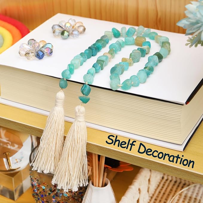 Agate Stone Hand Knotted Garland Modern Farmhouse Rustic Table Home Decor, 30inch Meditation Accessories with Tassel, Prayer Healing Beads Boho Wall Shelf Hanging Decoration (Lime Green)