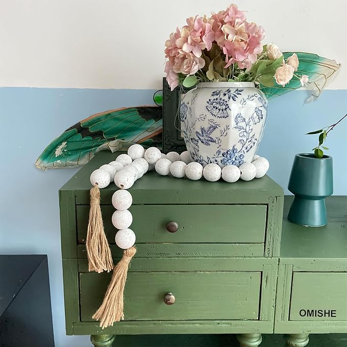 OMISHE 60" Long Extra Large Wood Bead Garland with 1.6" Diameter Wooden Beads and Tassels, Rustic Farmhouse Country Decorative Beads for Home Tiered Tray Decor, Rustic White