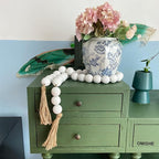 OMISHE 60" Long Extra Large Wood Bead Garland with 1.6" Diameter Wooden Beads and Tassels, Rustic Farmhouse Country Decorative Beads for Home Tiered Tray Decor, Rustic White