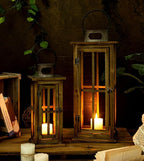 TIMRIS Large Farmhouse Wooden Metal Lantern Set of 2, Rustic Decorative Floor Candle Lanterns, Vintage Distressed Hanging Lanterns for Home Décor (No Glass)