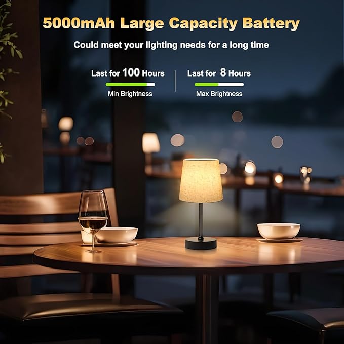 Small Cordless Table Lamp,5000mAh Rechargeable Battery Operated Desk Lamp,3 Colors & 7 RGB Stepless Dimmable, Portable Touch Fabric Shade LED Night Light for Bedroom Restaurant Home(Flaxen)